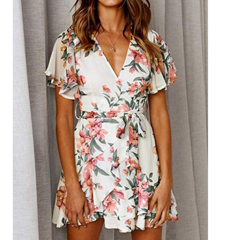 Coventavenue - Floral Wrap Mini Dress, White